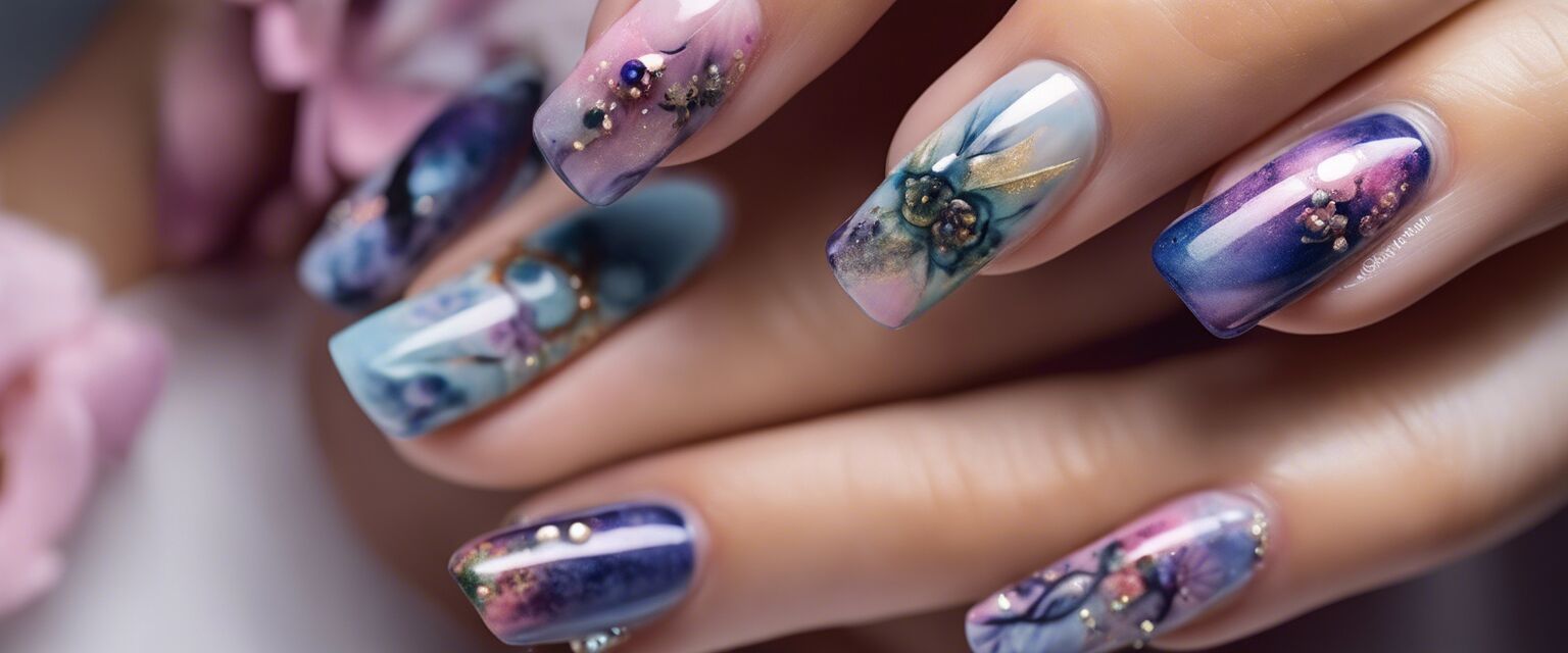 Close-up of various nail art techniques on nails.